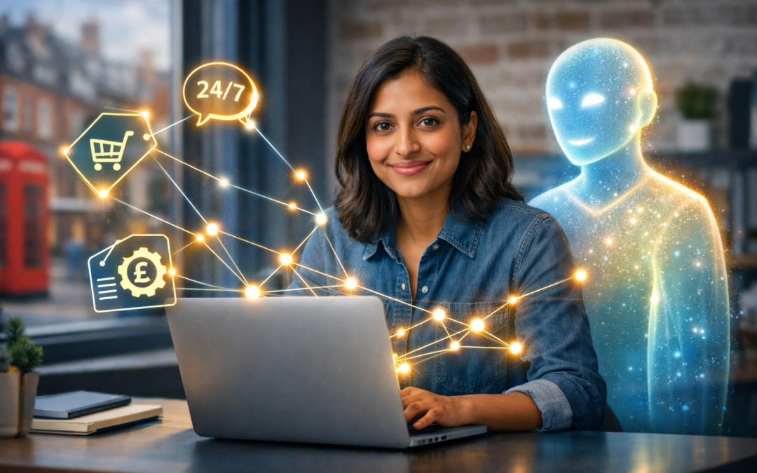 small business owner or team member sitting at a bright, tidy workspace
